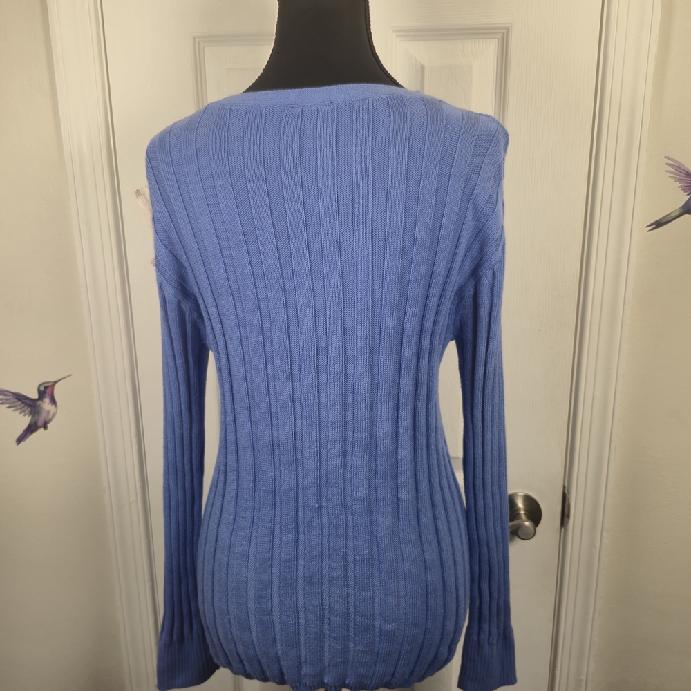 Talbots Blue Ribbed V-Neck Cotton Linen Knit Sweater Size Medium - Picture 2 of 7